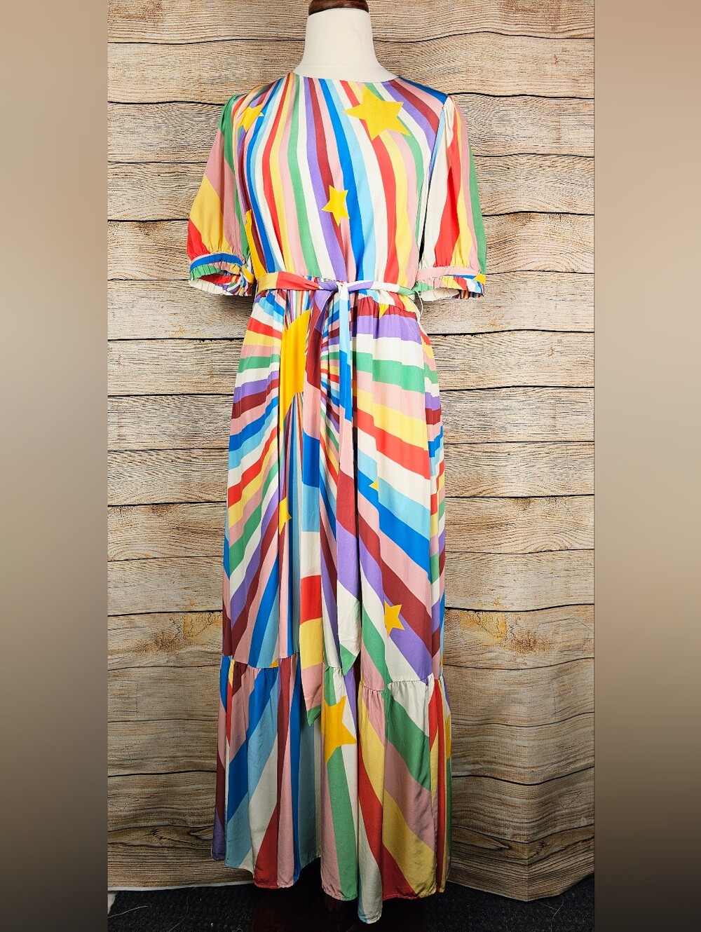 Boden Blouson Crew Neck Supernova Puff Sleeve Tiered Maxi Dress Size US 14
